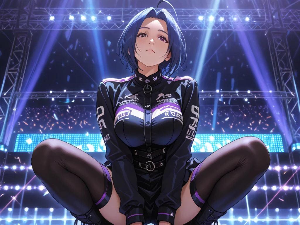 nsfw,(super fine illustration,8K CG wallpaper,best quality,extremely detailed,ultra high res,best aesthetic),(cowboy shot,from front),idolmaster, {{{haruna Kamijo}}}, (20yo, beautiful girl), (beautiful black eyes),((((beautiful black hair)))), ((short hair)), (((bule rim glasses))), (wet hair), (wet skin), ((sweat)), ((steam)), (flat chests,midium breasts), (tall), (slender), (((bule cyber suit))), (((see-through)),((open clothes)), ((pubic black hair:1.5)), ((on stage)), ((((spread legs)))),((spread pussy:1.5)),(open mouths), (smile), ((stick out tongue)),(feel good), (one eye closed),((singing)),((((behind right hand)))),(((hold the microphone with your left hand))),((headset))),(bukkake, cum on body:1.3),((((female masturbation)))),ecstacy,((bule clothes)),(sex,cowgirl,pov),look up view(bukkake, cum on hair:1.3)