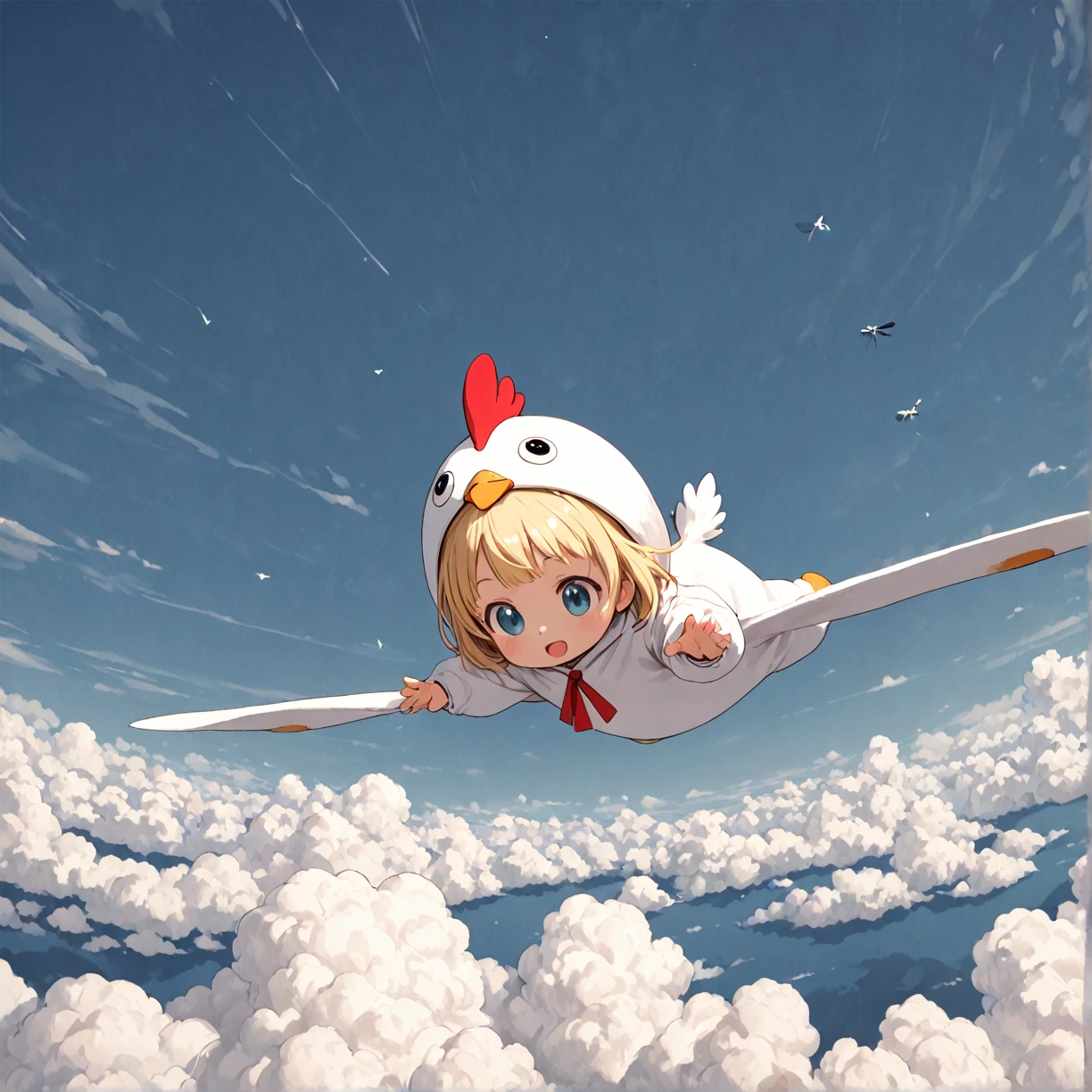 In the sky:1.4,sky, Blue sky, sky filling the screen,windy:1.4,bright colors,enriched colors,engaging depth,break,
1girl,(toddler,petite,big head),blue eyes,(Blonde Hair,Bedhead),break,
(chicken costume:1.4),break,
happy,Having fun,break,
(Looking away),break,
floating:1.4,(prone horizontal flight position, fly high above the clouds:1.2),break,
from above,high angle,bird’s-eye view,overhead shot,long shot,wide shot,dutch angle,break,
(best quality),(high resolution),(ultra-detailed),(concept art:1.0),intricately resolution background,light textured, dynamic angle,vibrant colors,4K,8K,16K,break,