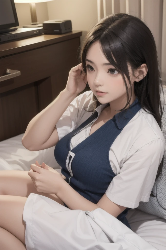 1. Chinese female nurse, 16 years old, (wearing stethoscope around her neck), real portrait, realistic face, realistic body, realistic skin, ((nurse dress + T-pants)), exposure, women's clothing, ((full body: 0.8)), (HQ skin: 1.2.), shiny skin), (sexy face: 1.3), (medium breasts: 1.2), (((directly from the front))), delicate and delicate face, delicate and delicate legs, ((perfect body: 1.1)), a full-body photo of a woman, Facial expression details are clearly visible and ultra-real, deep, full body, looking at the audience, lying down position, highlighting sexy breasts and slender legs, Night indoor bed environment, Emphasize atmosphere, Wearing white glasses, Full body composition, Dark background, ((lying in bed)), Diamond ring, Diamond necklace, (Medical mask), ((Black long lace pleated skirt)), Sexy face, Sexy slender legs, Brunette hair, Blunt bangs, Long hair, Floating hair, Nurse cap, Furrowed eyebrows, White eyes, Aqua blue eyes, White eyes, long eyelashes, makeup, smile, parted lips,