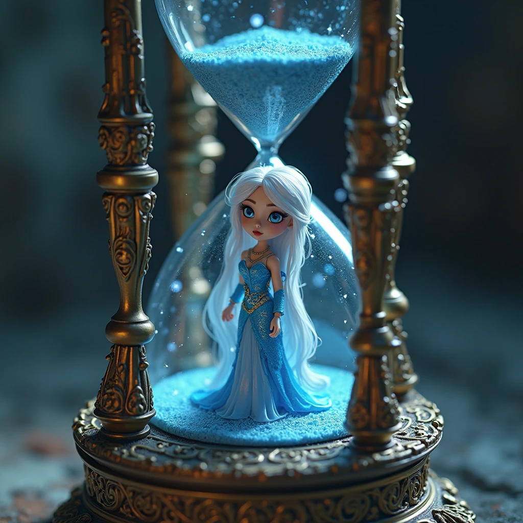 A woman with long white hair,She will be sitting on top of a giant hourglass and she will be little with tears in her eyes,she will wear a white dress and in her hand she will hold a small hourglass