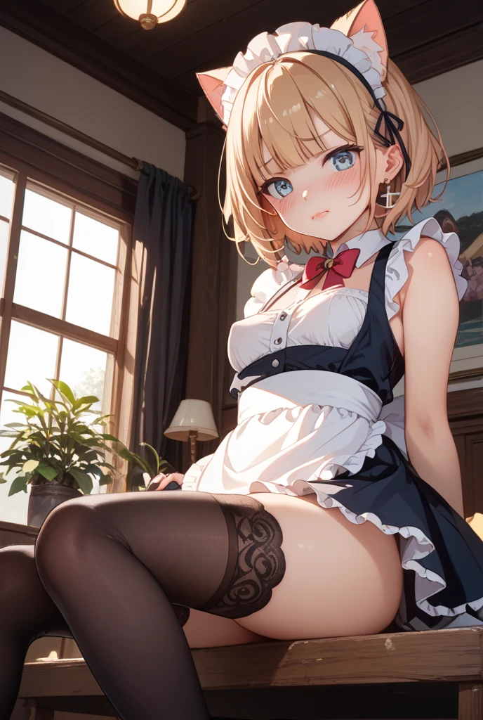 ((Highest quality)), ((masterpiece)), ((detailed)), (4K), 1girl, 独奏, blonde hair, maid, Miniskirt, long tongue, small breasts, (spread legs), (looking up), (from below), looking at viewer, show off nipple, sweat, blush, angry, aroused, (orgasm), cameltoe, long tongue, bedroom