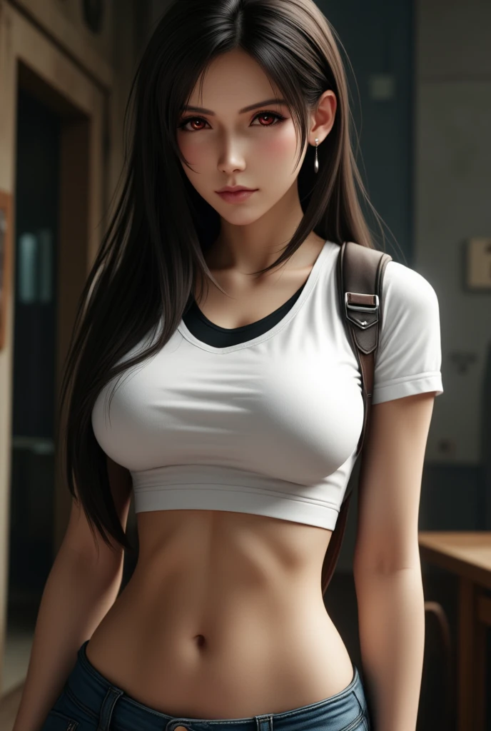 photorealistic, high resolution, soft light,1women, solo, hips up, (detailed face),tattoo, jewelry, tifa lockhart, red_eyes, black hair, long hair