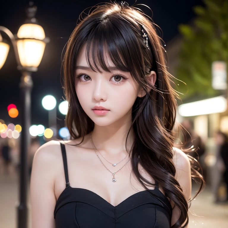 ((masterpiece: 1.3),8k, Realistic, RAW Photos, Highest quality: 1.4), (One Girl), beautiful顔, (Realistic Face), (Brown long hair: 1.3), head band、(Night city in Shibuya), beautifulヘアスタイル, (bangs), (smile), smile, Realistic eyes, Gloss, highlight, highlight in the Eyes, eyelash, 目の中のbeautifulディテール, (Realistic Skin),、(((Black off-the-shoulder lace dress)))、Shooting from the air、beautiful肌, Transparency、(beautiful)、 bust, smile, teeth, Confused, charm, 超High resolution, Ultra-realistic, High resolution, Golden Ratio, Clear eyes, Looking into the camera, ear, Shine, Long neck, double eyelid, Big eyes, cheek, kind character, charm personality, kind, Move, 圧倒的なcharm, bright personality