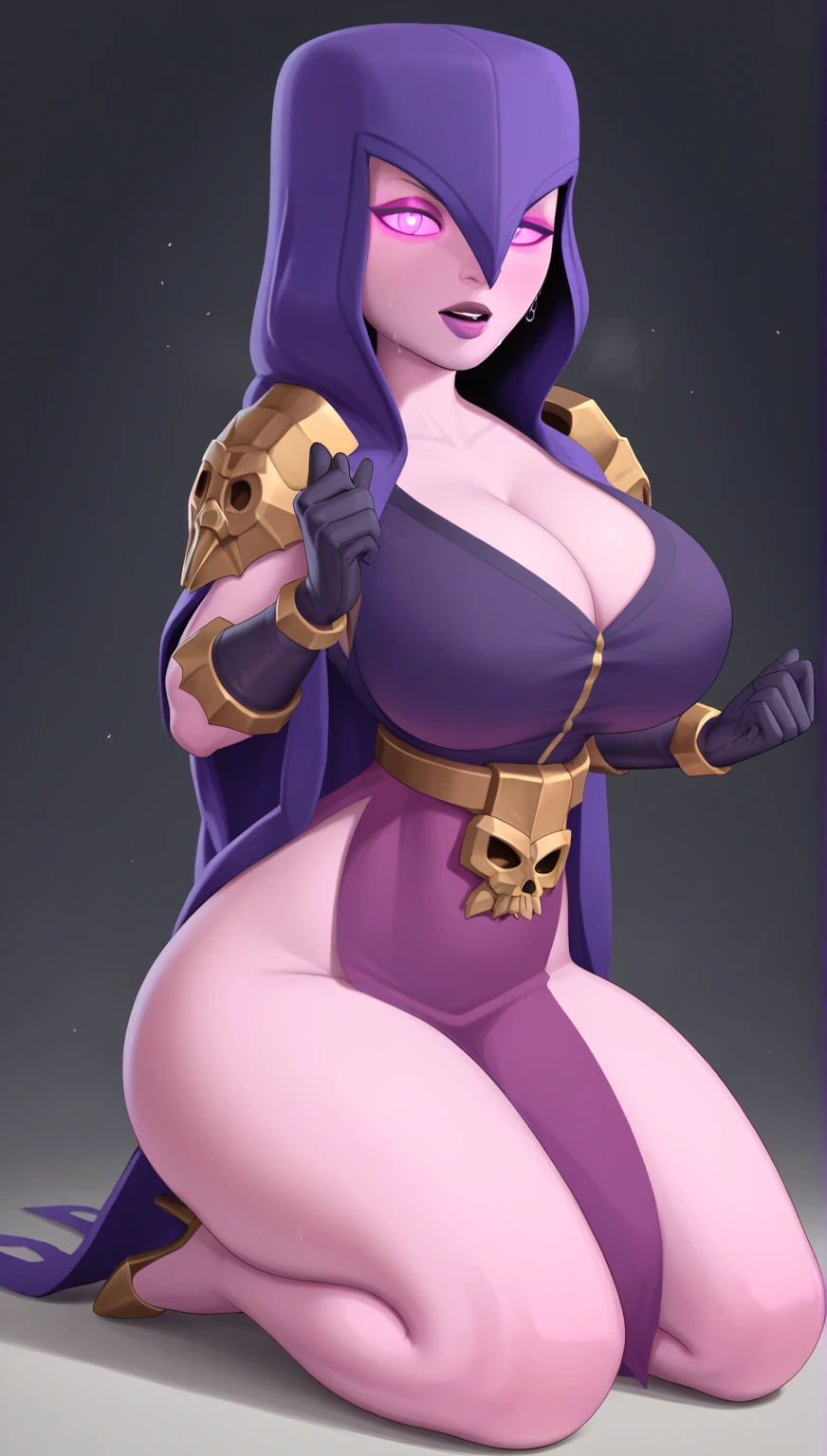 (masterpiece, top quality, best quality, official art, beautiful and aesthetic:1.2), (1girl:1.3), ((long (black hair))), (((pale purple skin, pale blue skin, blue skin, purple skin))), black makeup, extremely detailed, portrait, looking at viewer, solo, (full body:0.6), detailed background, close up, (cold night mountain theme:1.1), dark elf war dancer, Priestess of Khaine, diadem, circlet, crown, charlatan, smirk, mysterious, swaying in mountains, skimpy attire, revealing gladiatrix costume, gold bikini, cowl, metal bikini, long boots, dual knives, violet fabric, black leather, ((((gigantic breasts, cleavage, skindentation)))), slim waist, slim hips, long legs, medieval (snowy mountain exterior:1.1) background, dark mysterious lighting, shadows, magical atmosphere, dutch angle