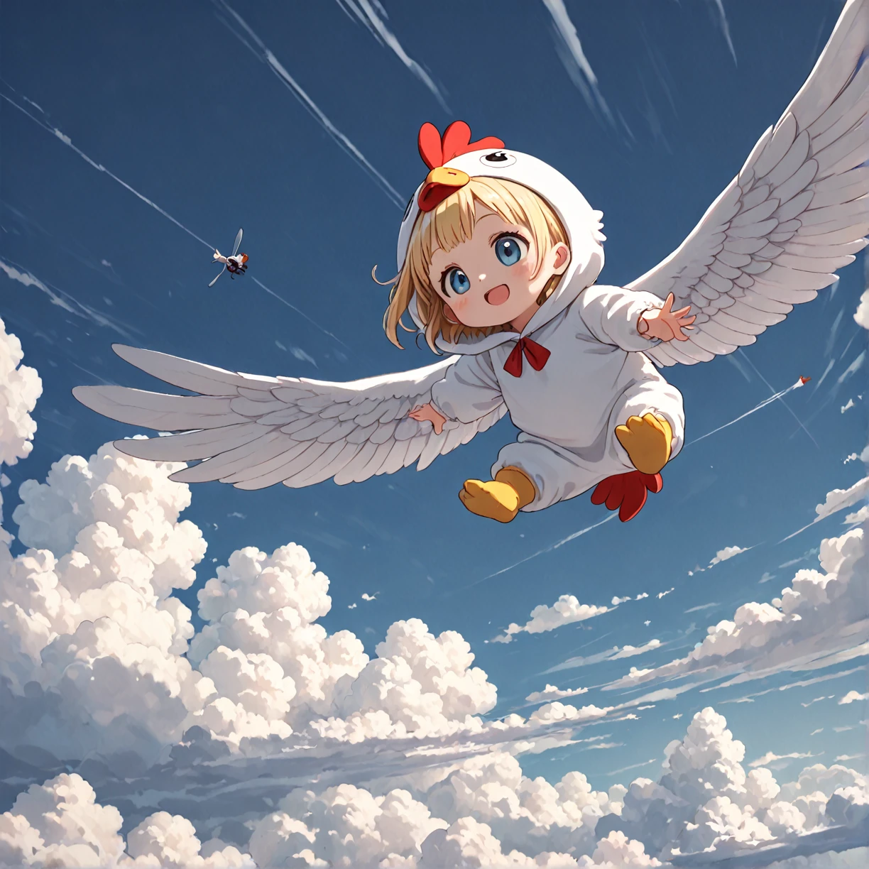 In the sky:1.4,sky, Blue sky, sky filling the screen,windy:1.4,bright colors,enriched colors,engaging depth,break,
1girl,(toddler,petite,big head),blue eyes,(Blonde Hair,Bedhead),break,
(chicken costume:1.4),break,
happy,Having fun,break,
(Looking away),break,
floating:1.4,(prone horizontal flight position, fly high above the clouds:1.2),break,
from above,high angle,bird’s-eye view,overhead shot,long shot,wide shot,dutch angle,break,
(best quality),(high resolution),(ultra-detailed),(concept art:1.0),intricately resolution background,light textured, dynamic angle,vibrant colors,4K,8K,16K,break,