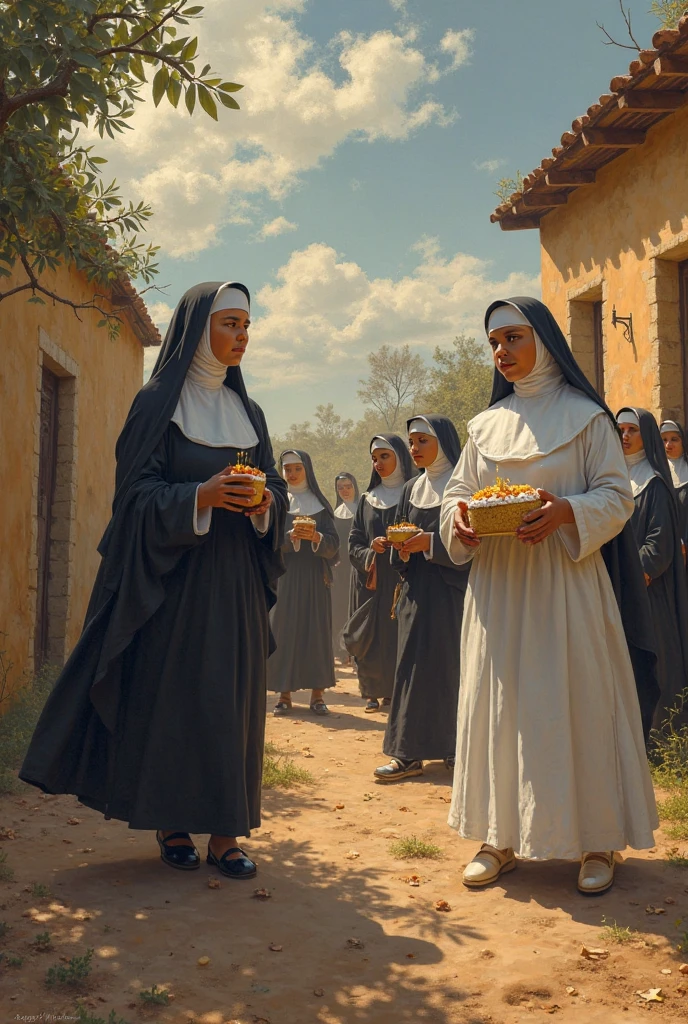 Nuns giving food to children