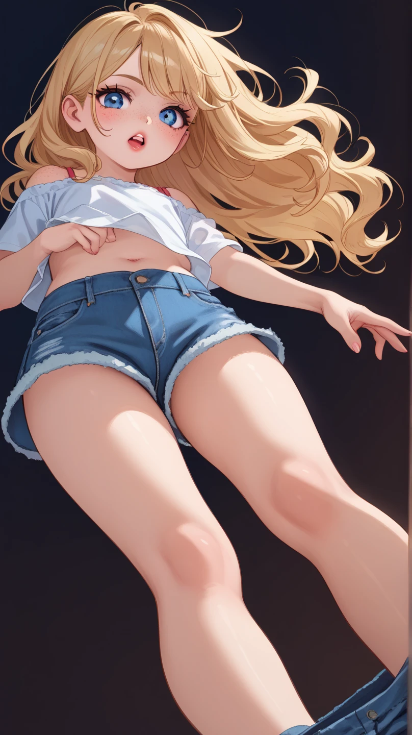 realistic anime illustration of pretty woman is lying down, leaning against wall, closed eyes, she has brown long hair with hairclips (+multicolor hair, hilighted blonde hairs, swept-side bangs ), wears blue denim 3/4 sleeve jacket, pink tank top, blue denim pencil mini skirt, brown flat shoes, (1girl, solo, full body, front view), (masterpiece, best quality, japanese anime style), (expressive eyes, perfect face, perfect body)