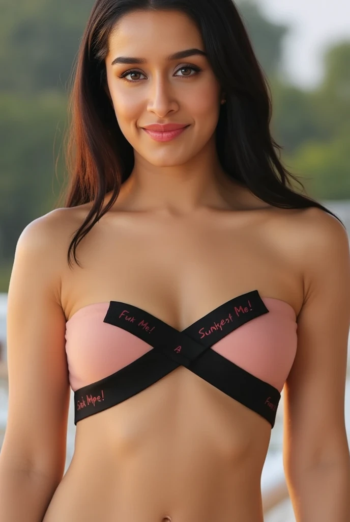 ultrarealistic high quality full body photo of a beautiful busty slim european 25-year-old woman with cute hyperdetailed shy face and natural dark brown ultra long hair and shy smile , realistic round hazel eyes, natural lips, dark eye makeup with eyeliner, wearing shiny pink latex lingerie with harness, hourglass body, outdoor photography