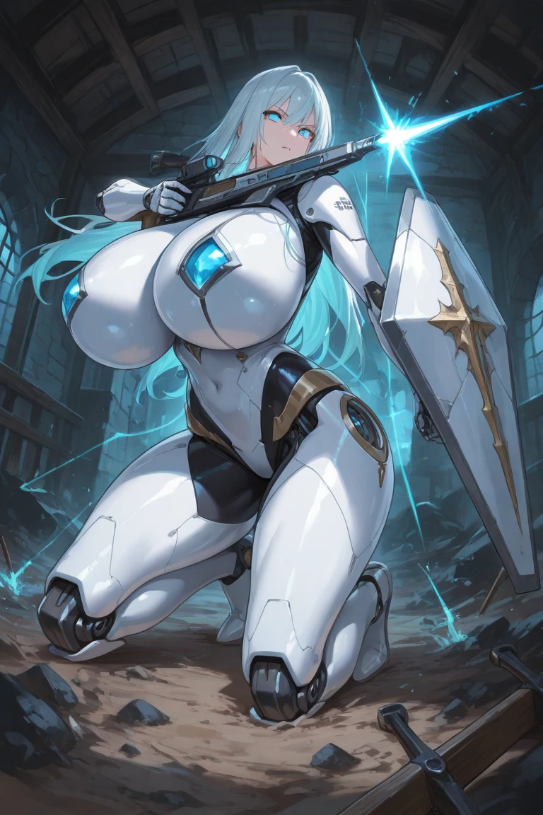 4K,hight resolution,One Woman,White blonde hair,poneyTail,head phone,Colossal tits,ninjartist,White Cybersuit,Knives,underground city