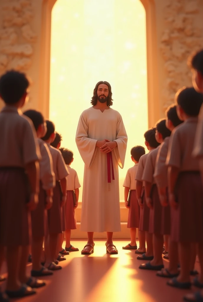 Jesus Cristo, teaching in a modern-day classroom to children, Estilo Pixar, 3d, desenhos animados, rosto detalhado, asymmetric 16k