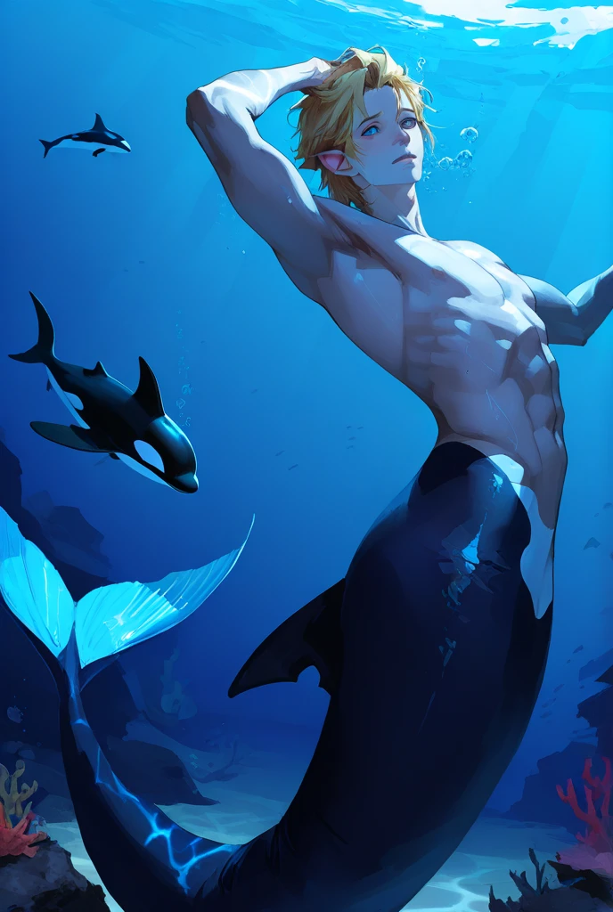 naughty man, 20 year, swimmer&#39;s body, gorgeous face, European face, european nose, front pose, half of the body in the water, red scales com luzes douradas, mermaid body , pool wall flooring, ceiling glass, walls with reflective floors, light coming from the ceiling, pool wall flooring, ceiling glass, walls with reflective floors, light coming from the ceiling, water effect in half,red scales, 