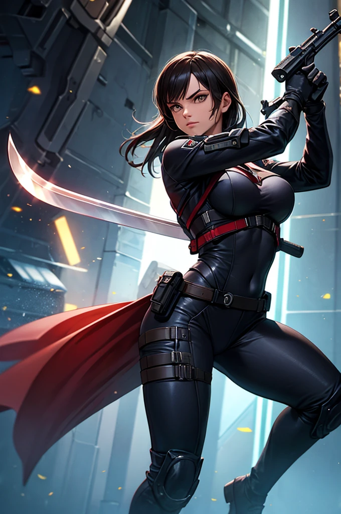 (((mulher))), (((melhor qualidade))), (((obra prima))), (((adulto))), Uma pirata mulher de 35 anos com corpo perfeito, Gladiadores do Brooklyn, (( sob os peitos )), quase nua no estilo selvagem urbano de Simon Bisley para a capa da revista Heavy Metal, cabelo loiro, Minimum clothing, black and red graphics in suit, armadura, cheio de pontas e rebites, tatuagem tribal, (((do joelho pra cima))), cabelo desalinhado, action battle stance