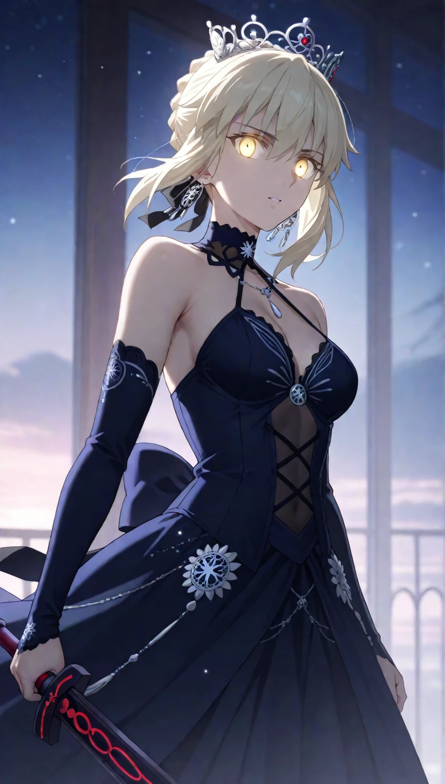 (masterpiece, best quality:1.2), <lora:fate_saberalter-10:1>, cowboy shot, solo, 1girl, sabaltdress, expressionless, closed mouth, looking at viewer, dress, puffy long sleeves, cleavage