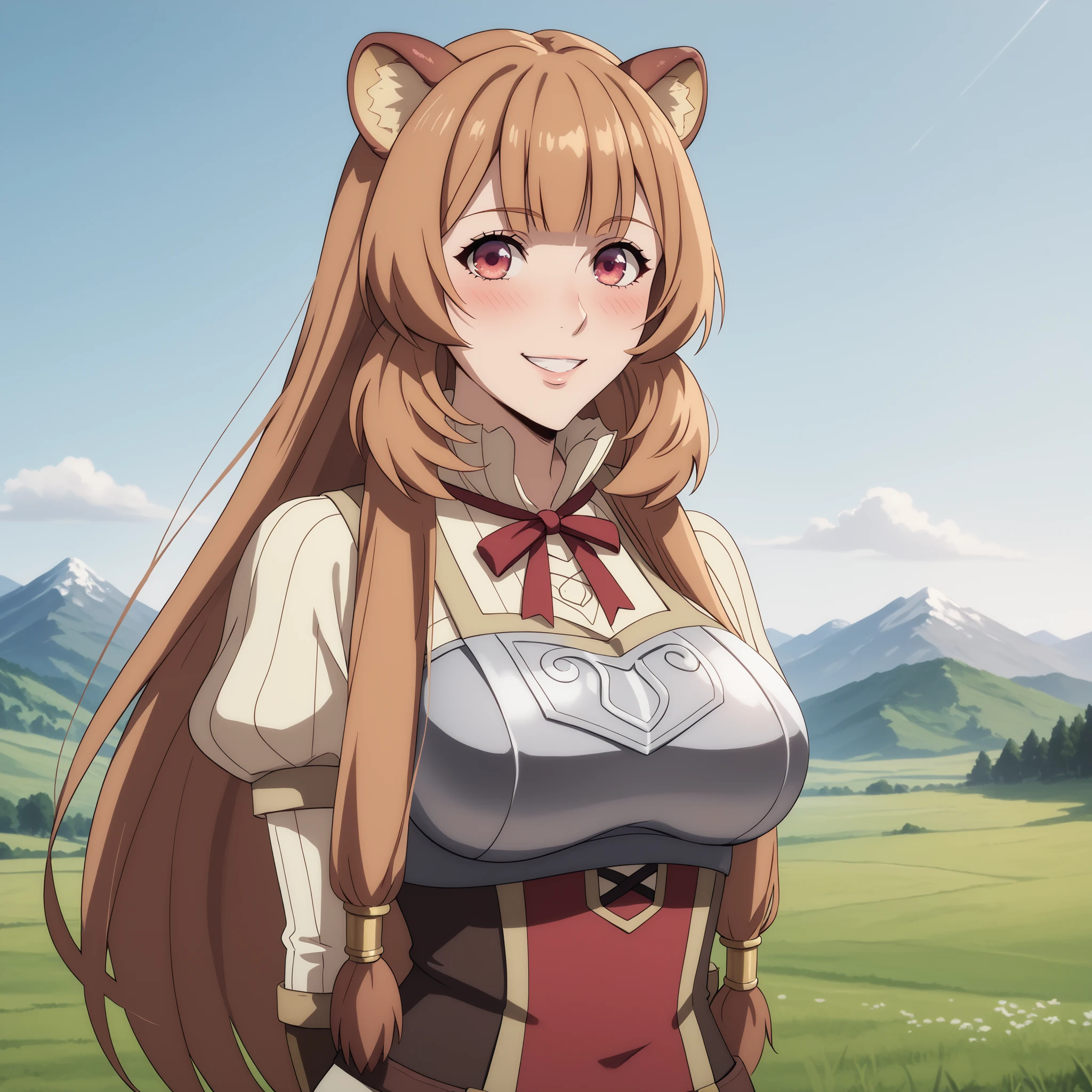 raphtalia , bright orange hair, detailed red eyes , cheerful smile , animal ears blush, raphtalia outfit. metallic bib curvy figure and big breasts,. Walk gracefully across a meadow with mountains in the background . Warm and soft lighting, highlighting the reflections in her skin and hair. anime-style, ultra detailed, high quality art, 4k, soft shadows and vibrant light effects, (pechos grandes).hands behind the back.