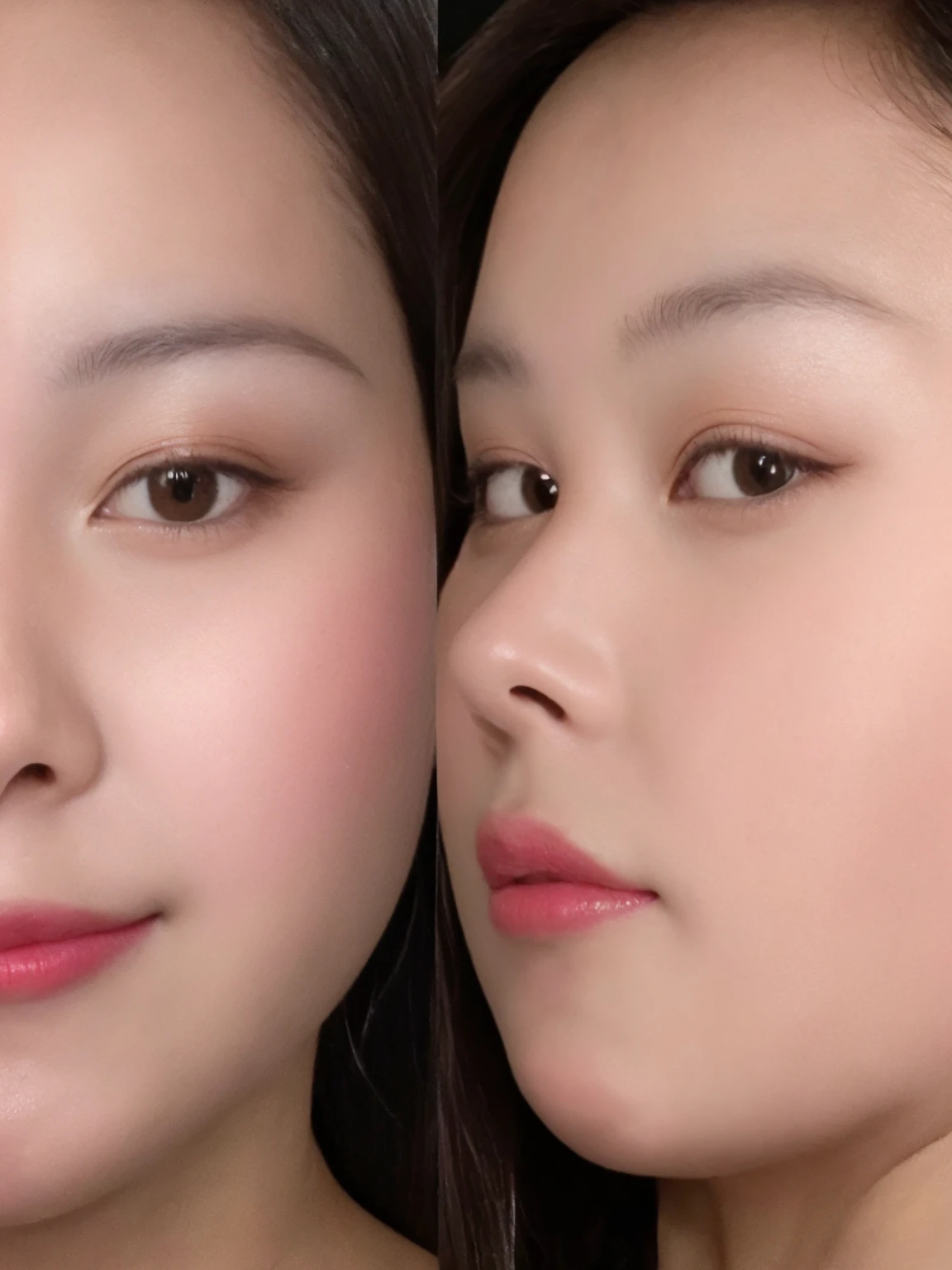 {{2 girls cheeks dig into}} {2 girls cheeks collide} {adhere} {pressed} {{{close-up}}} compression {{narrow}} symmetrical docking stare {close contact} kiss