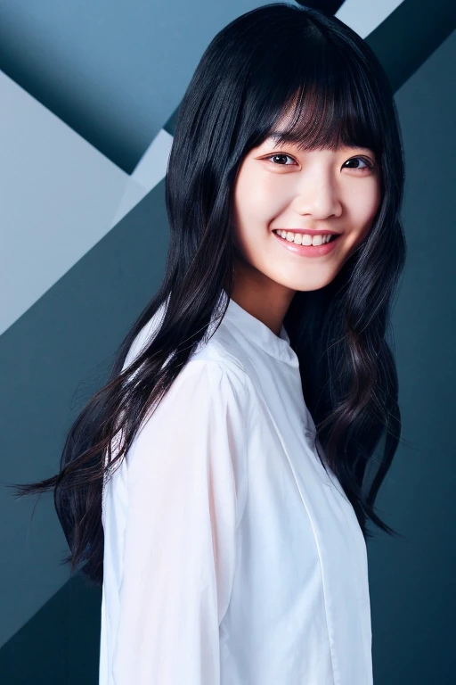 (Pure white wall background) (One of the most beautiful 24-year-old women in Japan) (Looking at the viewer with a very happy expression) ((Her hair is incredibly straight、Very shiny、Beautiful as silk、A jet black bob cut with attention to detail, Thin Hair, And it's plentiful.)) (From above) ((highest quality)), ((masterpiece)), (Familiar) (Get used to it) Perfect Face (Her skin is a typical Japanese skin color...、Very detailed) (Big Breasts) (she'wearing a shiny white silk shirt) (Her face is slim and dignified..., length, Narrow eyes..々Nice face) (Her bangs Well organized) (she has perfect beautiful makeup Lipstick is light red A solid eyeliner) ((Rich 1.4)) (Extremely detailed 8K) (Stable Diffusion Model) (Ultra-fine skin texture 1.4) (Actual, Vibrant:1.4), double eyelid Sharp focus:1.2、Beautiful woman:1.4 Dynamic Lighting (Genuine RAW photos taken by professional photographers) (she's long bangs, Reaching for her eyes, Well organized) (Turn your whole body to the viewer) Professionally lit from the front (Her hair is jet black.) (Her hair is jet black.) (Her hair is jet black.)
