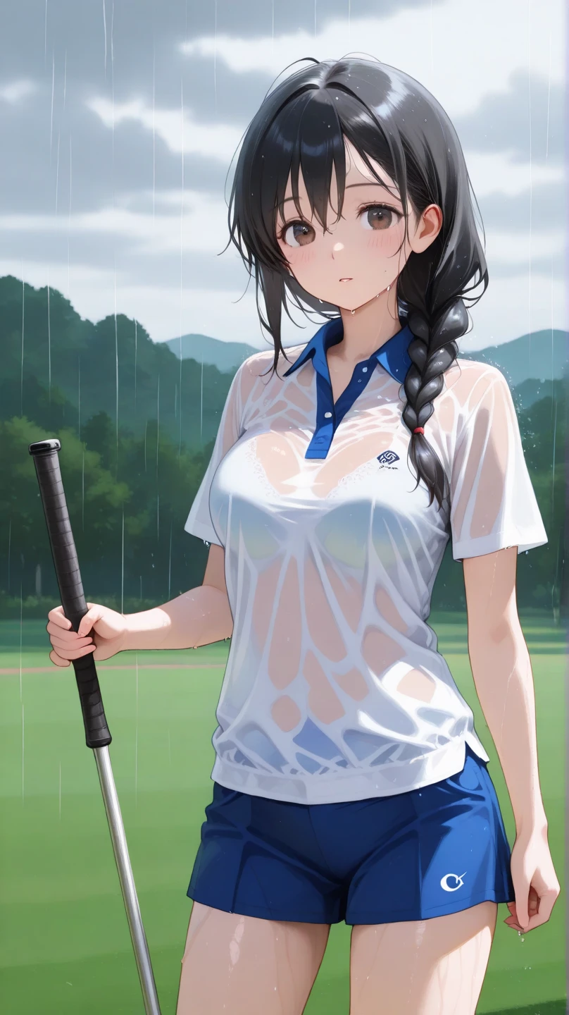 golf uniform, shorts, absurdres, RAW photo, extremely delicate and beautiful, masterpiece, Best Quality, ultra high resolution, 32k, hyperrealistic, ultra-detailed, detailed description, pale skin, 20 years old, tearful mole, earring, big tits, short medium hair, wavy hair, whole body shot,
