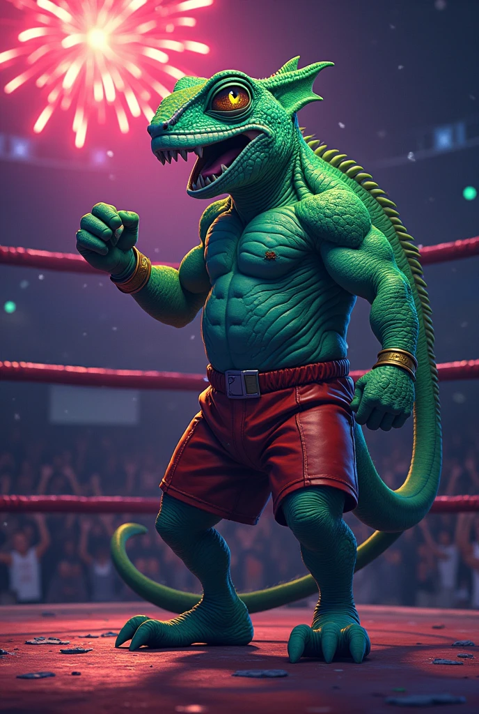Detailed picture of a confident male villain wrestler anthro, (crocodile, olive green, lean body) in a wrestling ring, trending on Art Station, Ross Tran, ruan jia, foxovh, ((determined expression, gritting teeth, wearing charcall wrestler pants, wearing wrestling protective gear, with a metal chain around he's neck, (((dynamic lighting,))), cartoon