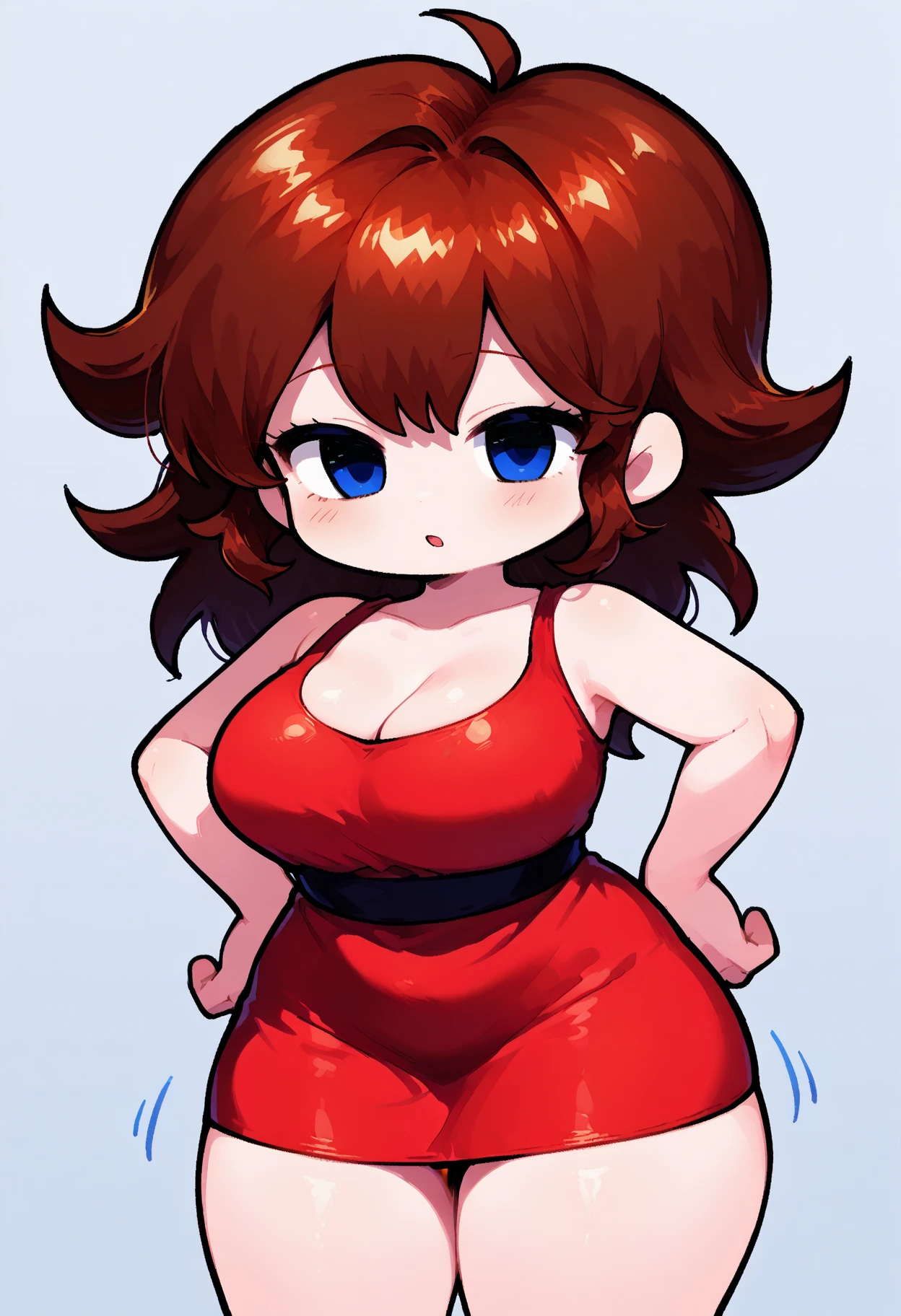RanmaChan, cabello rojo, Cabello con trenza, ojos azules, ojos detallados, cuerpo completo, lindo, Short tube dress, Cleavage Bulge