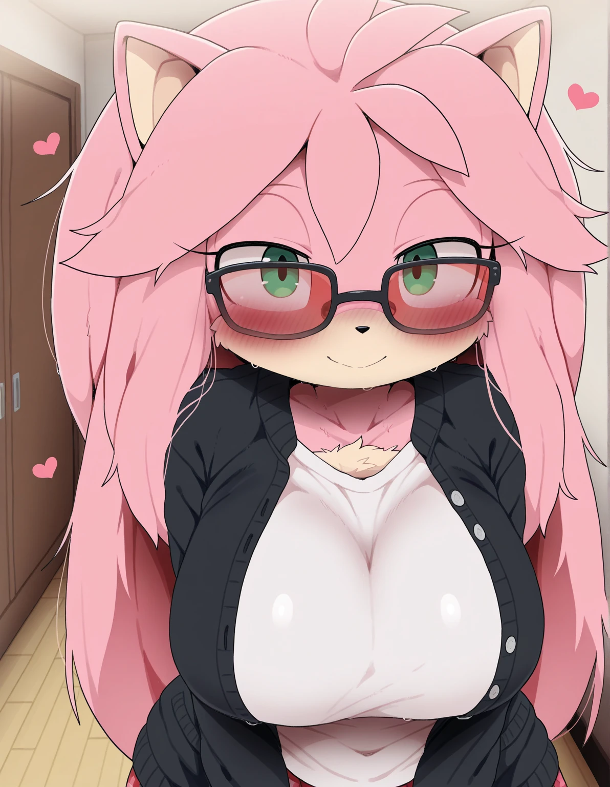 best quality,best resolution,solo,(fluffy anthro furry :1.6),(young :1.8),cat girl,flat chest,(pink hair :1.6),messy hair,long hair,green eyes,glistering eyes,sparkle eyes,(white fur :1.6),black bra,(red skirt),glasses,beautiful classroom,light and shadow,evening,full face blush,sweating,heavy breath,heart expression,heart eyes glow,seductive face,smile,tongue,close up,selfie,one eye closed
