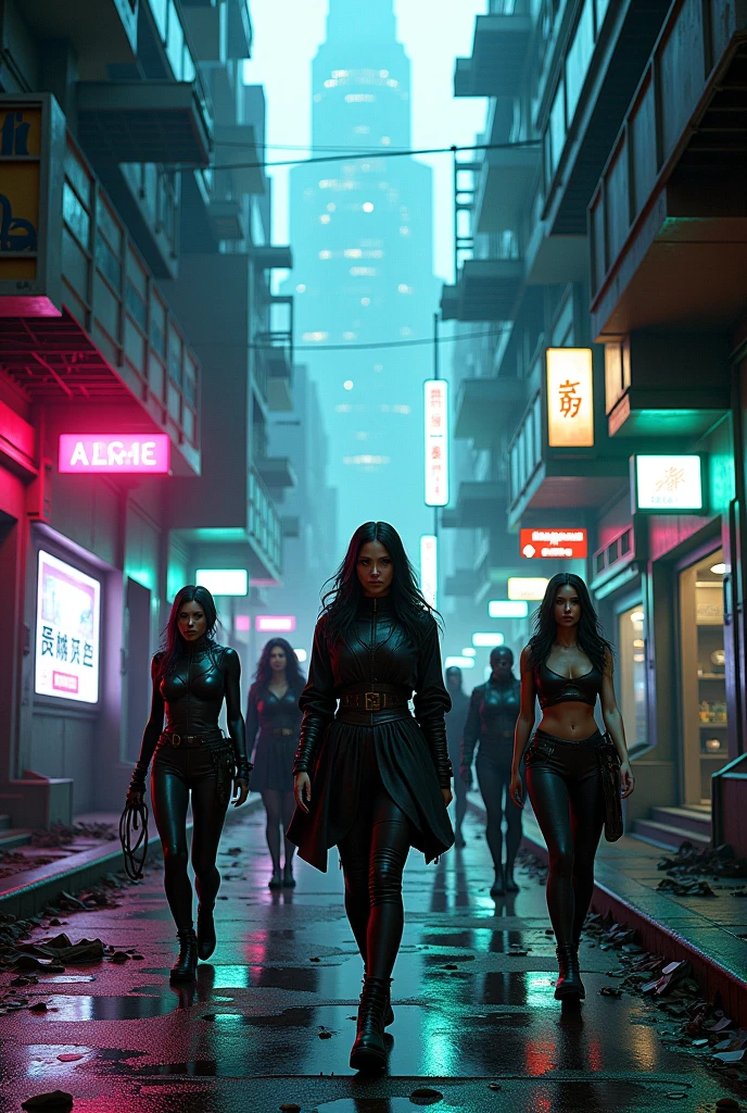 a hyper-realistic, cinematic image of three different metahuman woman coming to dark city street, in the style of full body, intricate costumes, canon eos 5d mark iv, 32k uhd, gemstone, superhero subjects