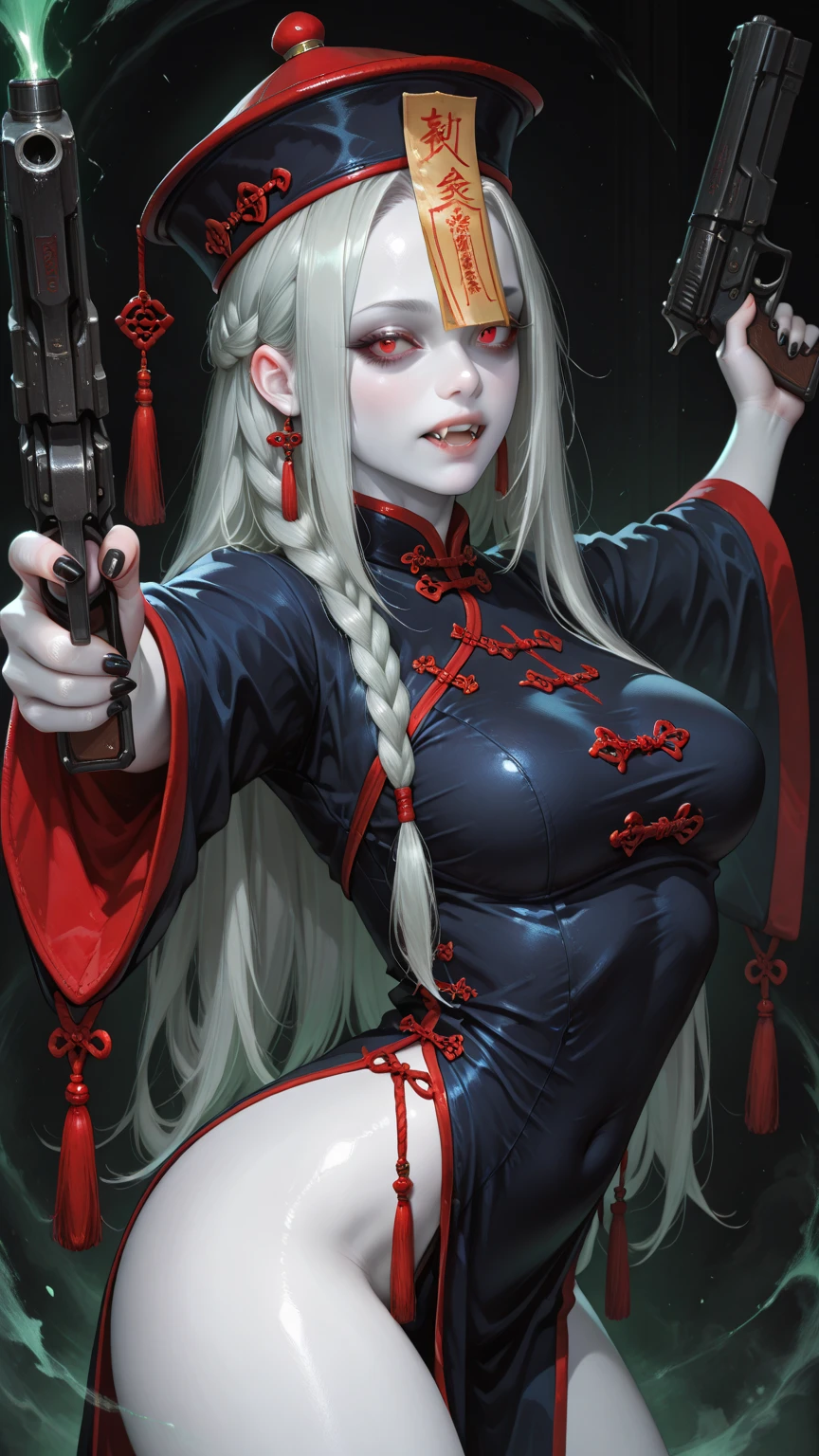 (masterpiece:1.2, Best Quality:1.2, 32K, High resolution), (Ultra-realistic portrait of Jiangshi, Chinese zombie, 1girl in, Chinese Zombie Hats:1.15, Jiangshi Dress, Jiangshi Costume, talisman sticker on hat:1.55, Amulet sticker on the hat:1.55), (gigantic cleavage breasts:1.3, huge tit:1.3, Huge boobs:1.3, Huge breasts:1.3, Red Eyes, fang), (Detailed face, Detailed skin texture), (standing straight, In an abandoned city:1.5, In China), (horror atmosphere:1.2, Dark atmosphere:1.2)