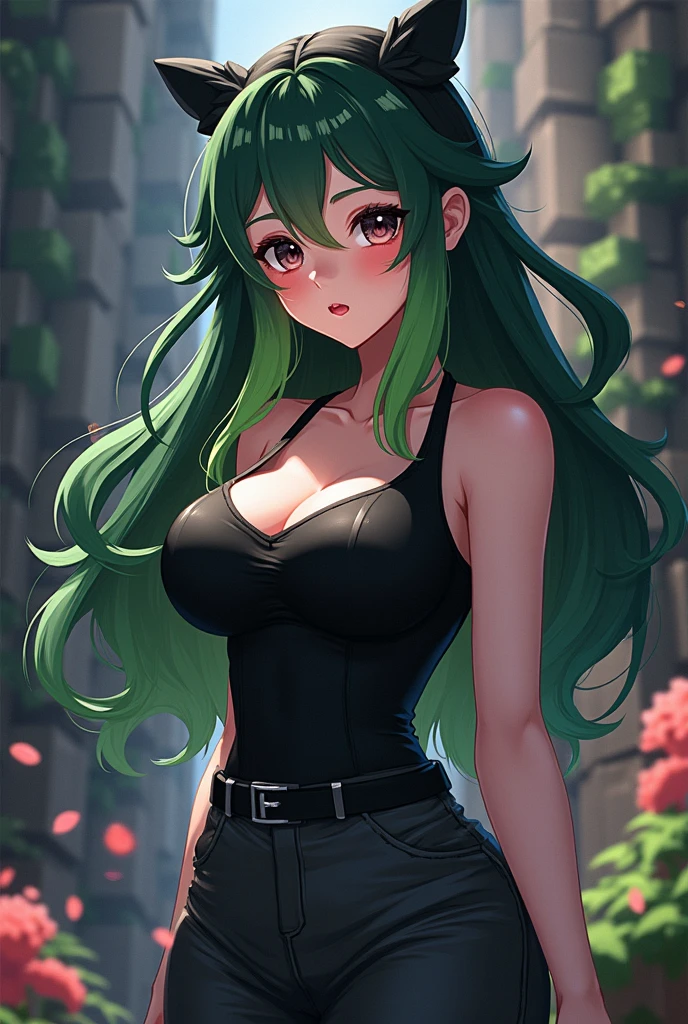 anime girl with bunny ears and black blouse, she is bullshit, thick, Cabelos Verde, malicious smile, sensual smile, muscular!, she is wearing a black blouse, muscular girl, Bustness, with green hair, fluffy chest, oc commission, 2b, (sfw) safe for work, 2b, a muscular