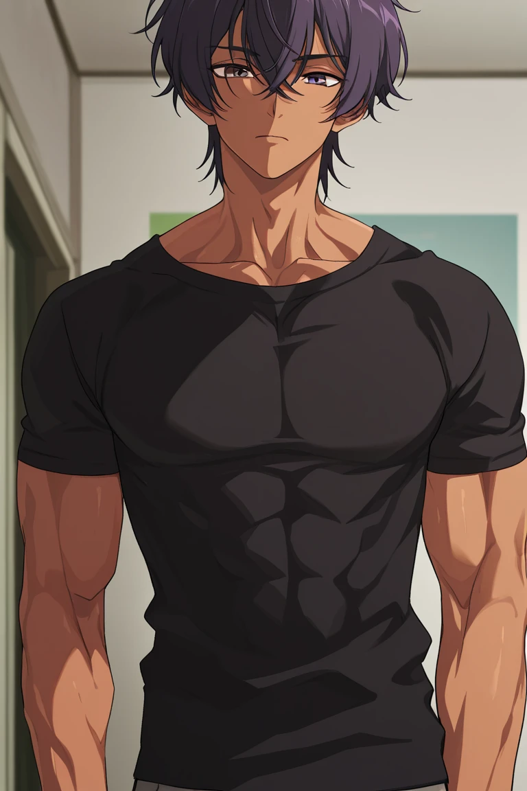 Kiritsugu is sitting and flexing his biceps and abs. He wears black short boxershorts. You can see his thighs. He is admiring his muscles. He has bulging veins on his arms. He wears a black tshirt with short sleeves. His right sleeve is completely rolled up so you can see his entire arm and shoulder. He is showing his abs too.