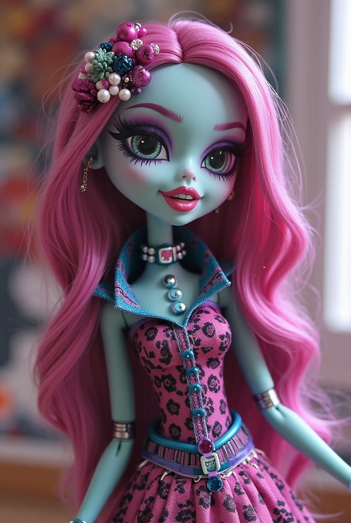half zombie in the library who wears glasses and has pink lips hair is long and blue, sometimes with colorful highlights that add a fun touch. Its large, expressive eyes are an intense blue.. Your skin has a characteristic pale tone, with subtle visible sutures reminiscent of its zombie nature. wear clothes that combine comfort with style, estampas geeky .