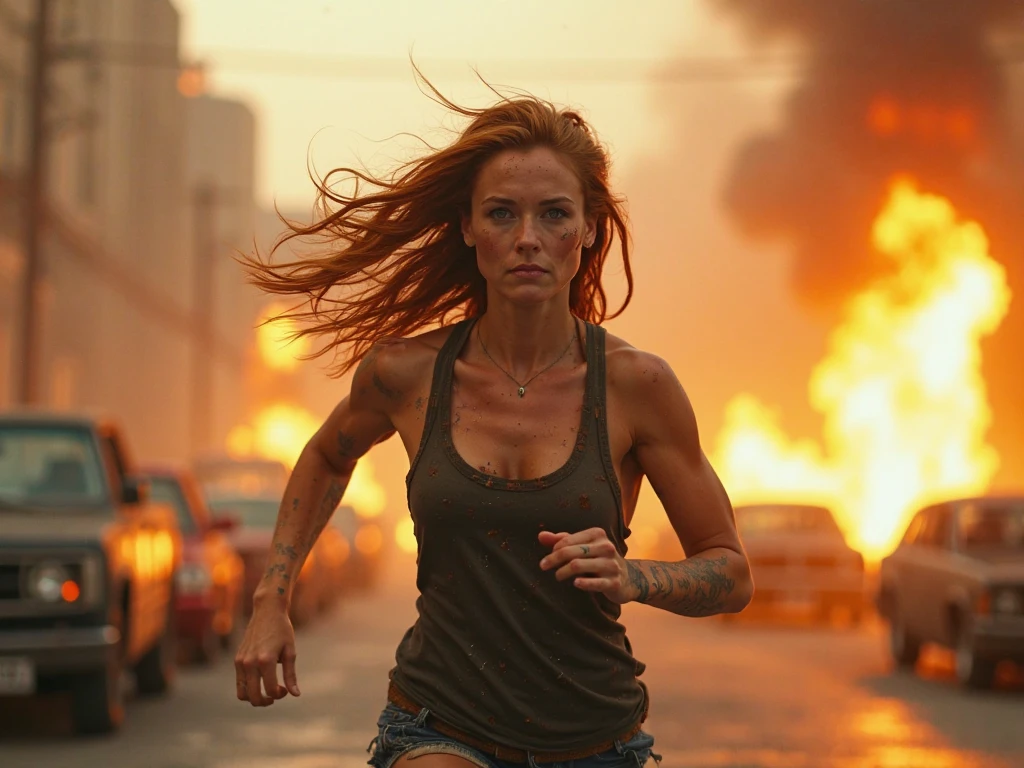 Redhead woman in white bikini and denim skirt, with 20cm red heel, running from a killer