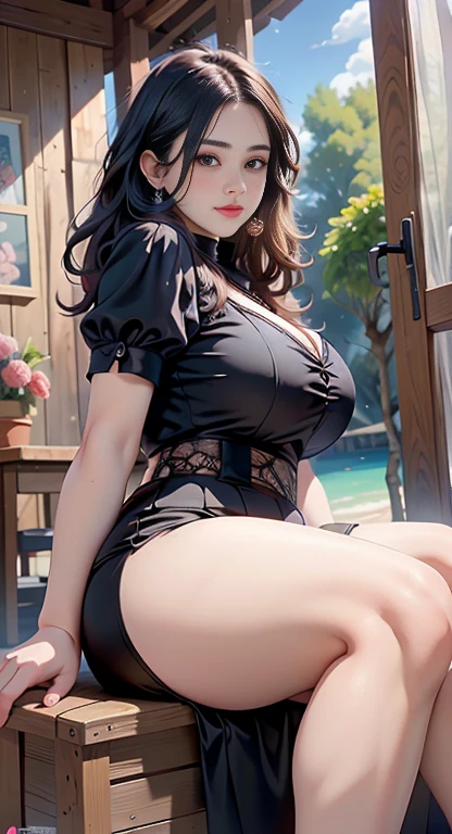 masterpiece, best quality, ultra-detailed, extremely detailed, 4K, 8K, best quality, beautiful0,high-sence digital anime art, night bridge, new year,beautiful middle-aged woman,skin color sin summer sweater costume, beautiful black hair,gigantic braid ponytail,ahoge,hugebust massive upperbody, light smile,Full body statue,sparkling effect