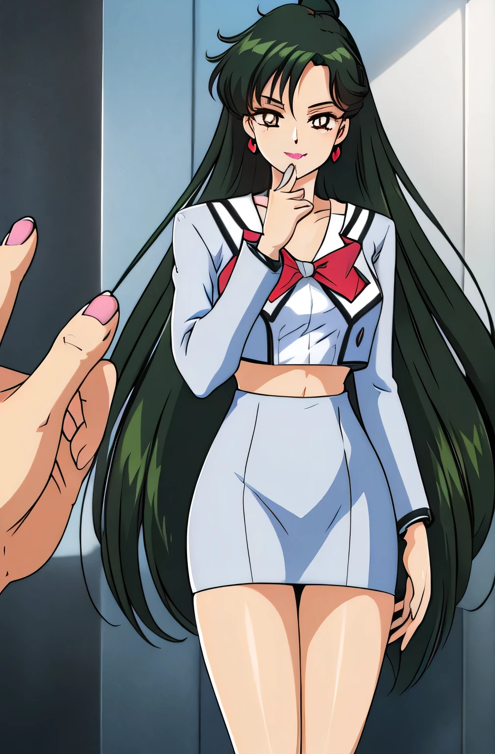 NSFW, masterpiece, (best quality: 1.2), long hair, blue eyes, green hair, worns, big breasts, evil_smile, sexy, ((NURSE)), red lipstick, fishnet stocking, ((BBC GANG BANG: 1.5))