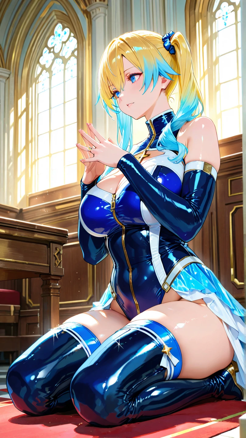 High resolution,masterpiece, Highest quality, Very beautiful face and eyes,One Girl,(Open Mouth Smile),teeth,(Ultra-detailed fantasy views),Frill dress,,Particles of light, Magical girl, Off the shoulder,Arm Sleeves,mini skirt,teeth,Professional Lighting, skinny, Perfect fit for your skin,zettai ryouiki, jewelry,One skinny 9-year-old,((Browsing Caution))Big Breasts,Daytime,((Shiny tight shorts)),Sit with your legs wide apart,Blonde,Twin tails