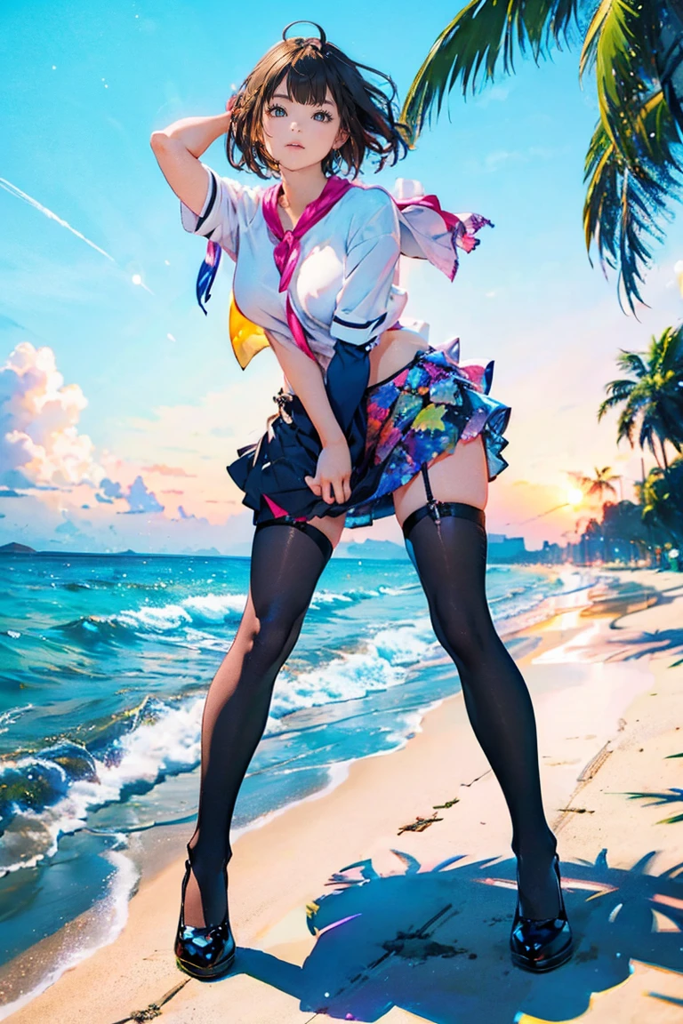 Masterpiece of ProfessionalPhoto ((ExtremelyDetailed (12 PICHIPICHI KAWAII Girls Floating in The Air in a row:1.37) in WHITE at Dusk Enoshima Beach)), {(Standing Full Body:1.2)|(from below:1.2)|Detailed KAWAII face}, Different types of hair colors, {(skinny(school swimwear))|(SchoolUniform)with Tiny AthleticShorts}, {(Corrected Childish hand)|Hidden hand|Different types of breasts|(Clearly Visible the shape of Butt)}, Joyful Expressions LifeLike Rendering, Detailed clothing texture, PerfectLighting, (Dazzling Horizon Visible through ThighGap), (Starry IridescentParticles:1.22) ColorfulClouds