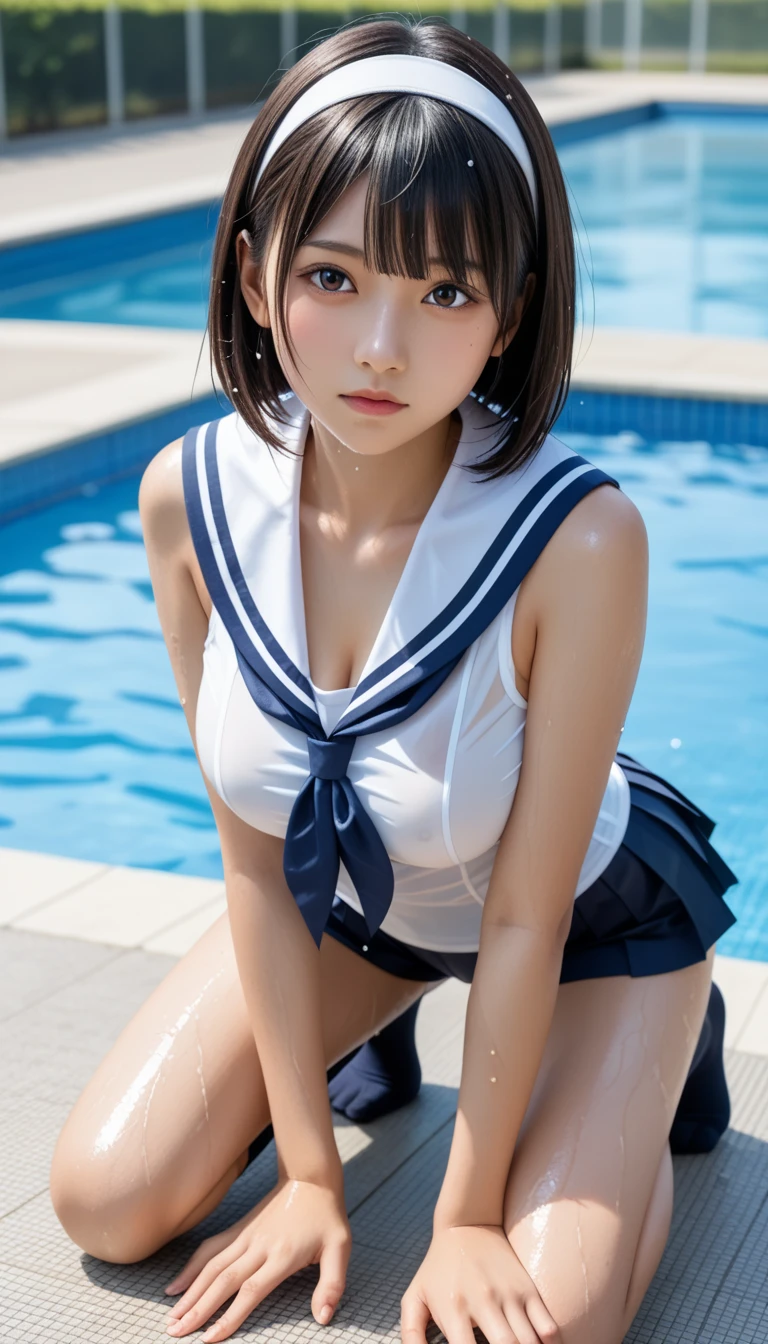 RAW image quality、8K分辨率、Ultra-high-definition CG images、Vivid and beautiful photos, Strong sunshine, masterpiece, top-quality, (1girl in), japanes, 13years, Solo, A smile, Embarrassing face, (Blue Sea), (The best blue sky), white clouds, Small breasts, cleavage of the breast, (Japan High School Girl Uniform), ((Wet white blouse)), red necktie, Plaid mini skirt, White tiny panties, (Wet and transparent white tiny bra), ((pointed papillary shape,)), A dark-haired, short cut hair, Hair fluttering in the wind, A detailed face, Detailed eye, (Wet skin), (Wet hair), High quality water, Super Settings, SEXY Model Pose, You can see the shape of the, (((Angle from the super bottom))), (fish-eye lens), school swimming pool,