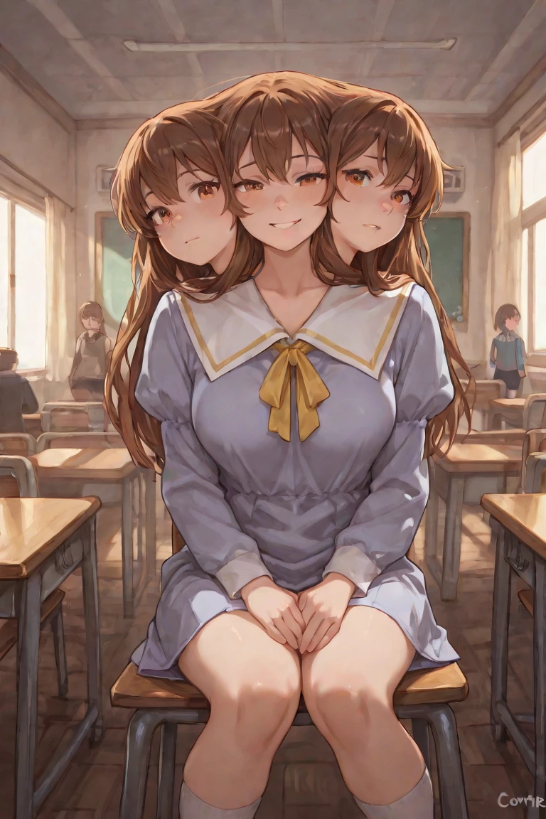 Group of 12 year old black haired females(12 people、Dark-haired 、Slender、Flat Chest)and a 43-year-old female teacher(Brown Hair、Wavy Hair)、Frightened expression、I feel scared、crowd、Spread your legs、Nipples、Orgy、classroom