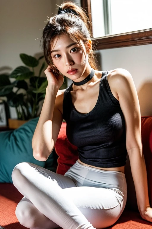 Highly detailed CG Unity 8k wallpaper, Highest quality, Very detailed, On the table, Practical, Photorealism, Very detailed的可爱的女孩, 25 years old, Round eyes, Viewer, blush, Open your mouth, Upper Body , (armpit、露出armpit、Large breast bulge visible from above) , (Sweating) , Sleeveless yoga wear , sports gym、Power supply rack、From the knee up