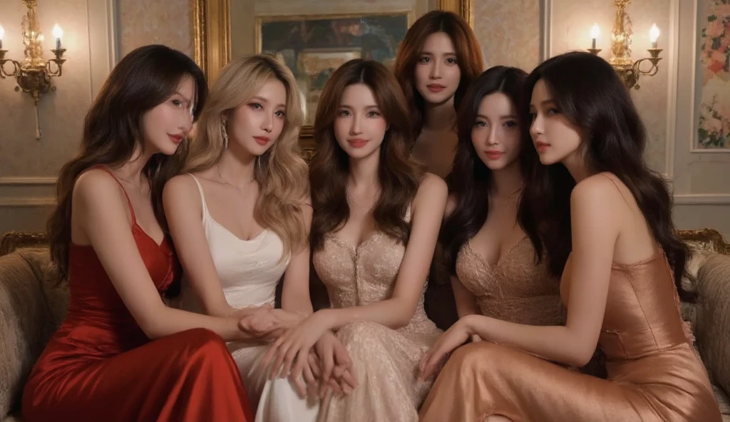 Ten sexy beauties stood in a row and smiled at the camera. They were sexy and dressed in revealing long dresses that exposed their thighs. Ultra-clear photography in the room.