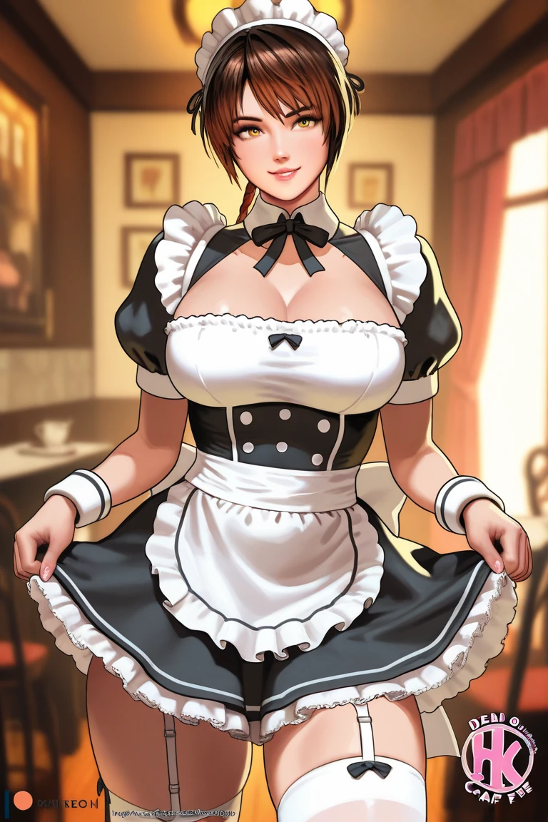 A pretty maid. best quality, masterpiece, Auburn hair, sky blue eyes, wearing a steriotypical French maid outfit, (headdress、white blouse、black ribbon、White Apron、ruffle skirt、puff sleeves、collar、choker、apron with fine ruffles:1.3)、black maid costume). looking up, upper body,hair strand,Fair skin, Large chest,. Adorable, mature Woman,detailed big-eyed woman, round face. promenent red lips. Smileing,In the mansion library, large ass, Picture from the side,looking at the scenes, intense colors, Very valuable details, complex details, volumetric lighting, digital art, 8k, trending on Artstation, Clear focus, complex details, highly detail, Greg Rutkowski Big Eyes, high-resolution, Auburn hair. Alison Brie., attractive chest, .Photorealistic. Confidence, self esteem, assertiveness, dominance. wide Amused smile. ecstastic expression. Sultry, Cleavage.