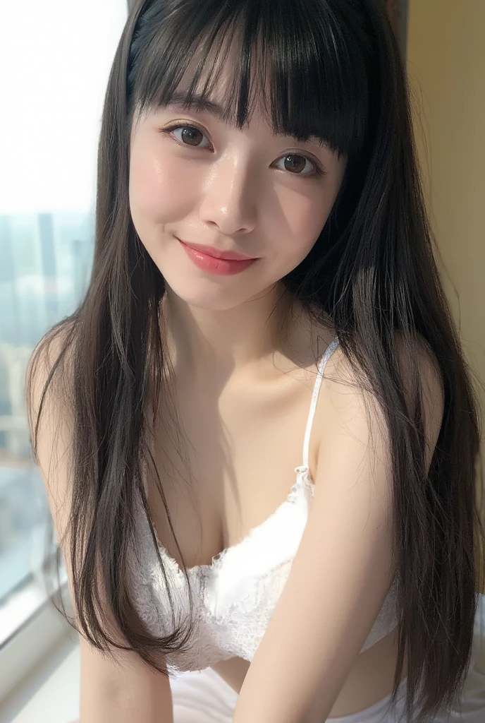 (Best-quality, Masterpiece, Ultra-High-Resolution, (Photorealistic:1.4), Raw Photo, depth of field, professional lighting, perfect anatomy, extremely details), ((((Magnificent-view)))), ((on balcony at luxury-hotel)), 1girl, 15-years-old, the most famous Japanese-idol, dynamic-pose, wearing casual-clothes with cute-design, looking at viewer, ((innocent-smile)), ((extremely cute and extremely childish face like the most popular Japanese-idol, ((extremely cute and extremely big black-eyes)), extremely beautiful black-long-hair, (((extremely beautiful and extremely realistic skins))), extremely cute lips, extremely cute long-eyelashes, extremely skinny body))