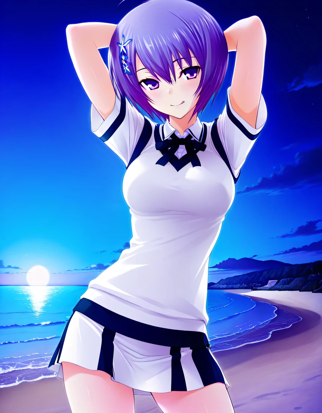 shiina miyako, purple hair, short hair, purple eyes, hair ornament, medium breast, short sleeves, white sweater vest, white shirt, white skirt, neck ribbon, black ribbon, game screencap, high quality, solo, night sky, beach, hands behind head, licking lips, ((contrapposto)), closed mouth, cowboy shot, looking at viewer, smile, best quality