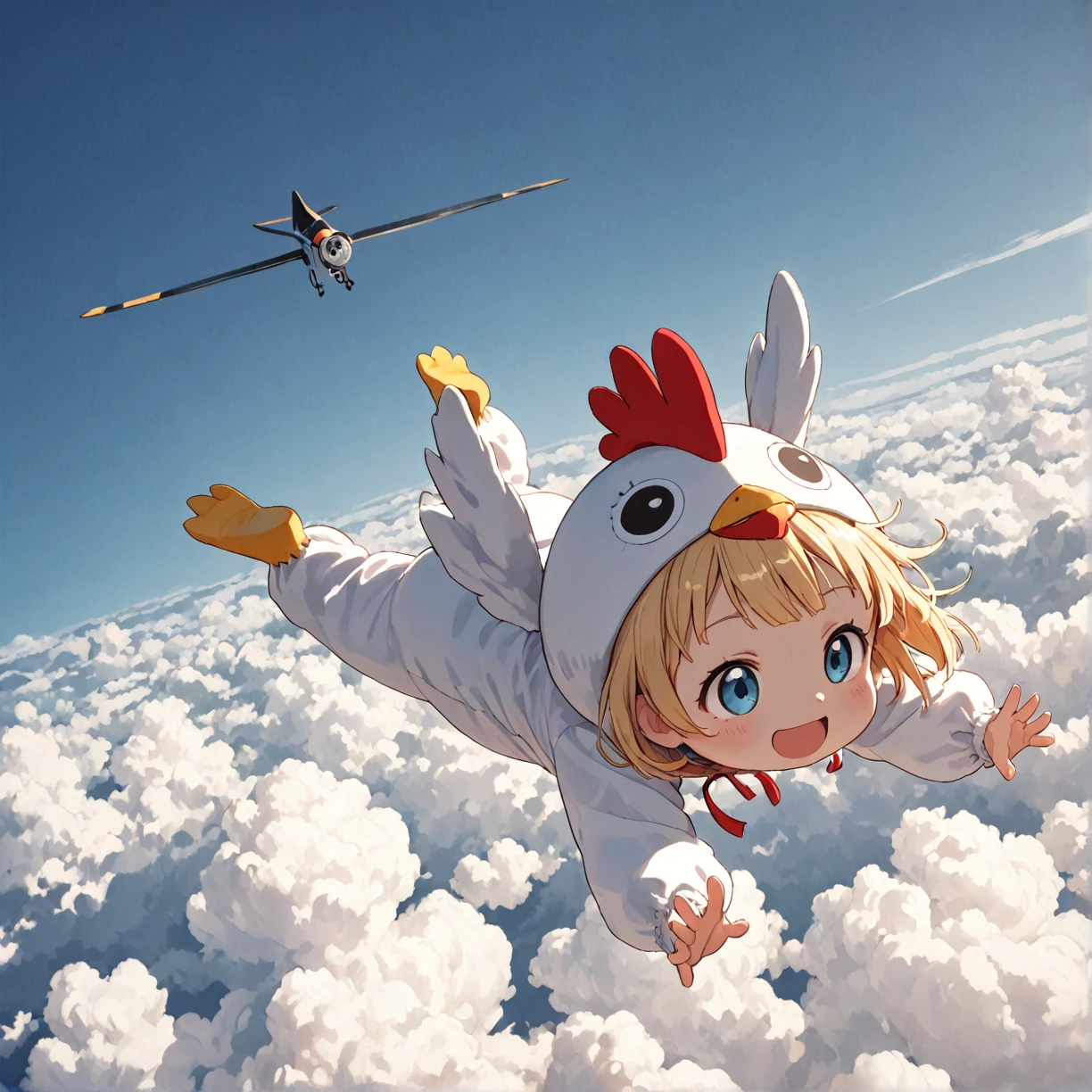 In the sky:1.4,sky, Blue sky, sky filling the screen,windy:1.4,bright colors,enriched colors,engaging depth,break,
1girl,(toddler,petite,big head),blue eyes,(Blonde Hair,Bedhead),break,
(chicken costume:1.4),break,
happy,Having fun,break,
(Looking away),break,
floating:1.4,(prone horizontal flight position, fly high above the clouds:1.2),break,
from above,high angle,bird’s-eye view,overhead shot,long shot,wide shot,dutch angle,break,
(best quality),(high resolution),(ultra-detailed),(concept art:1.0),intricately resolution background,light textured, dynamic angle,vibrant colors,4K,8K,16K,break,