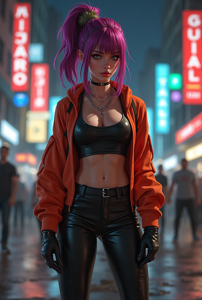vivid and colorful, vibrant color, enchanting and mystical, best quality, masterpiece, cinematic, realistic, cyberpunk, cyberpunk city, neon, volumetric lighting, black sky, (raining, thunderstorm), 1girl, (cyberpunk clothing, hoodie, pants, punk clothes), (flowing red hair), water reflecting off ground, from behind, ((hidden face)),