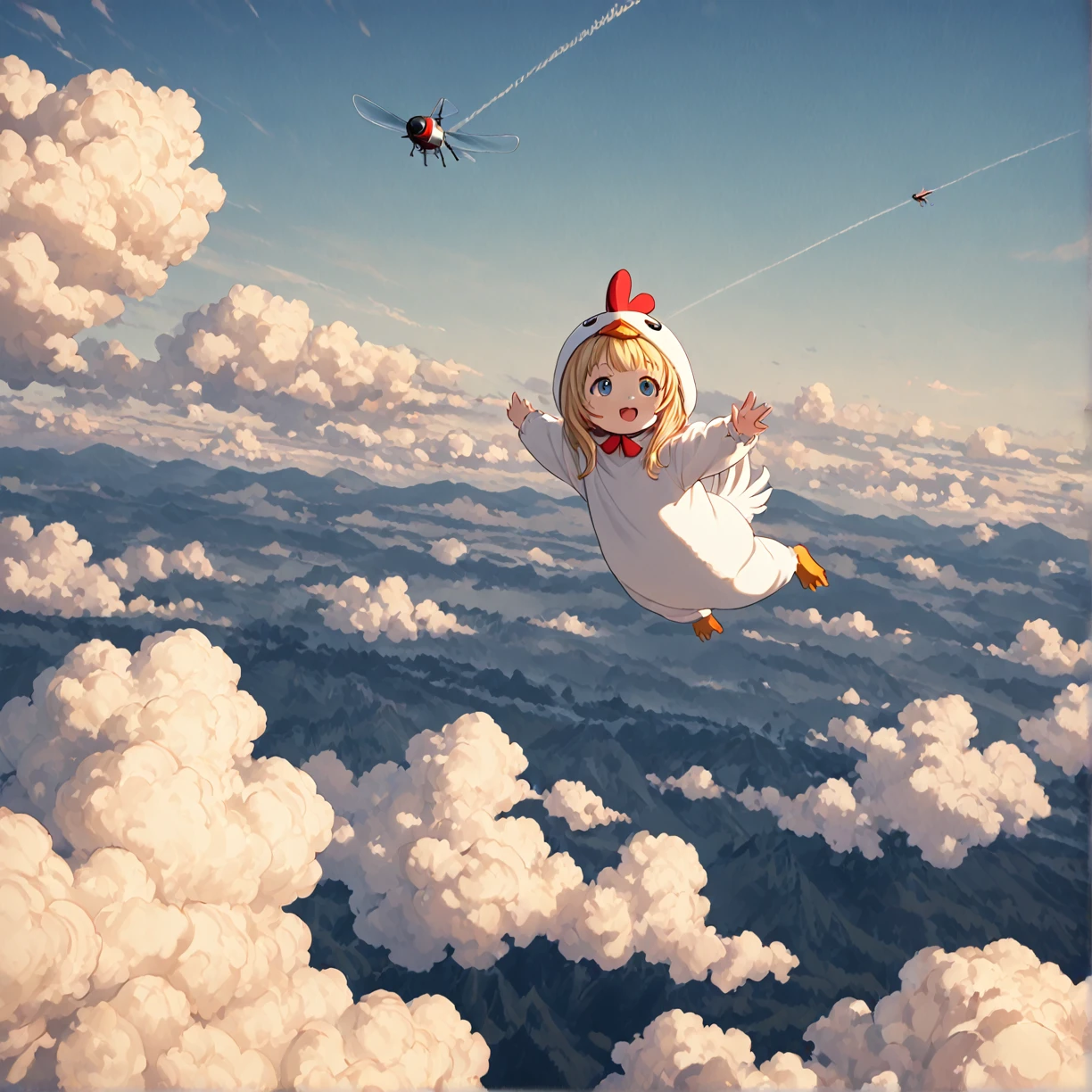 In the sky:1.4,sky, Blue sky, sky filling the screen,windy:1.4,bright colors,enriched colors,engaging depth,break,
1girl,(toddler,petite,big head),blue eyes,(Blonde Hair,Bedhead),break,
(chicken costume:1.4),break,
happy,Having fun,break,
(Looking away),break,
floating:1.4,(prone horizontal flight position, fly high above the clouds:1.2),break,
from above,high angle,bird’s-eye view,overhead shot,long shot,wide shot,dutch angle,break,
(best quality),(high resolution),(ultra-detailed),(concept art:1.0),intricately resolution background,light textured, dynamic angle,vibrant colors,4K,8K,16K,break,