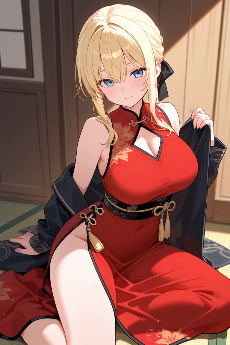 blonde, hair is tied up, red eyes, one girl, kimono, off-the-shoulder