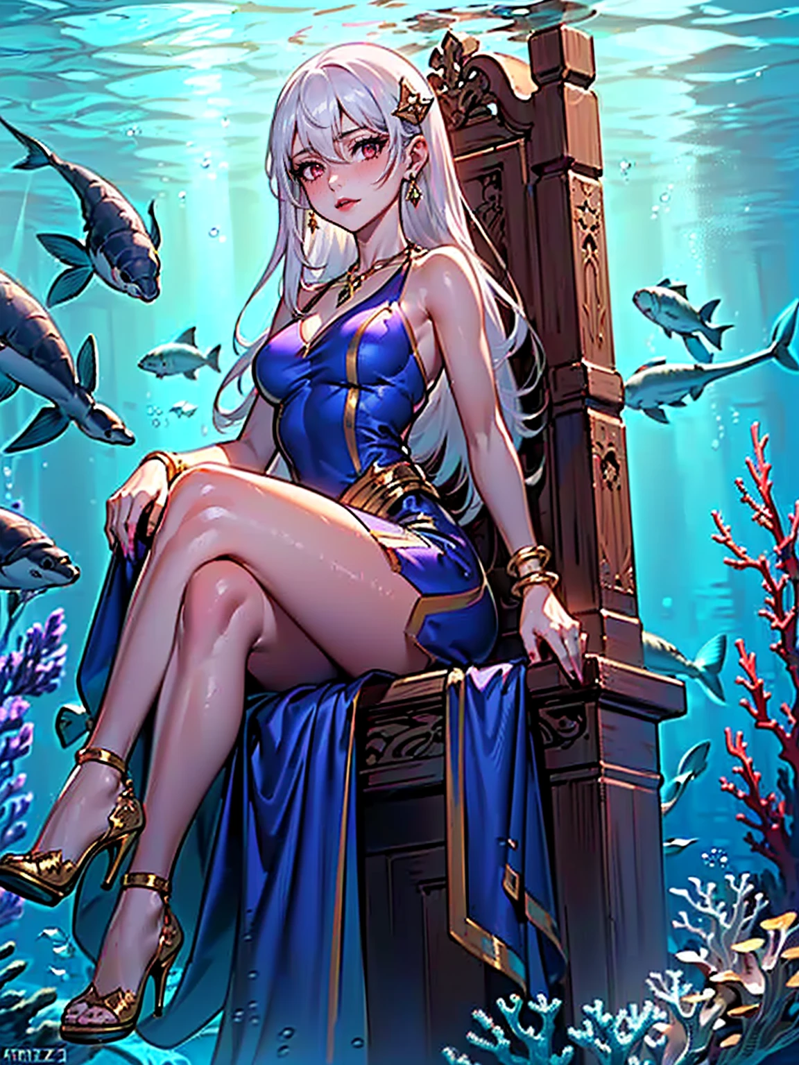 ((1girl, solo ,alone, ninym, white hair, crimson eyes, hair ornament, small breasts, long hair)), ((solo, 1woman, pink lipstick, Extremely detailed, ambient soft lighting, 4k, perfect eyes, a perfect face, perfect lighting, a 1girl)), austere, ((sitting on a throne, ((legs crossed, high heels, underwater, submerged in the ocean, deep sea, sea creatures, aqua)), sitting on her throne under; water, sea queen, mu yanling, Krenz Cushart and Artgerm, ((fish, coral)), shark, turtle, algae)), ((long dress, elegant dress , formal lavender blue dress, Lavender Blue dress, bracelets, ruby earrings, gold necklace, diamond, sovereign))