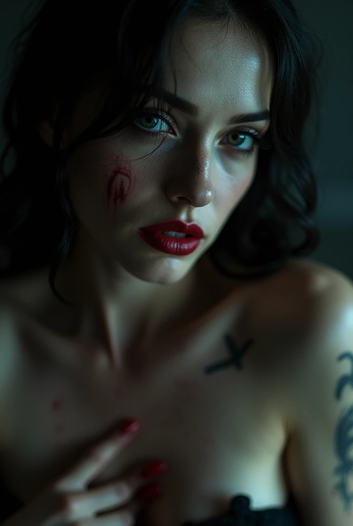 (best quality, hyperdetailed photography:1.2), beautiful lady, freckles, gothic,dark makeup, (snoopy breast:1.1), (massive perfect breast), cover, (detailed beautiful face, detail skin texture, ultra-detailed body:1.1) (sexy vampire girl), red eyes, closeup portrait,,, ((moonlight,dark fantasy)),,,, nude breast,,,