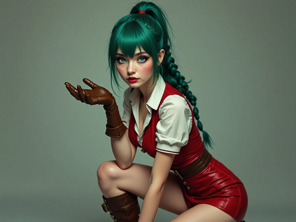 I want a My Hero Academia style character with blood in his mouth and hands, by the cafe, female gender and green eyes