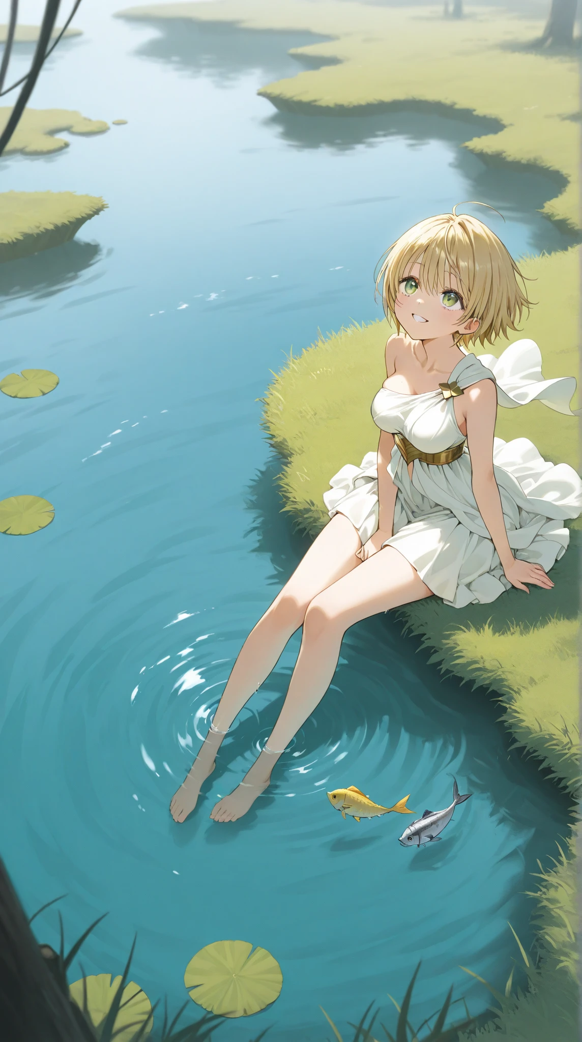 One girl, alone, woman, (Tolerate野_Tolerate),(bluponde) (bluponde_hair), (yellow_hair), ((lupong_hair)), ((前hair)), (yellow_eye), blush, pointed_ear, (blush_Stickers), flat_chest,
white_dress, bow, bracelet, Pause, barefoot, full_body, ((Helmet)), ((googles)), hand_upon_Own_head, 両handを広げて, Holding, smiling
global illuminatiupon, hdri, Scattered beneath the surface, masterpiece, 4K, Ray-tracing, beautiful, sharp, Smooth Skin, bloom, Anime Sunset, nature, Mountain々, cloud, Grass, Flowers, fire Fly,
oshino_shinobu