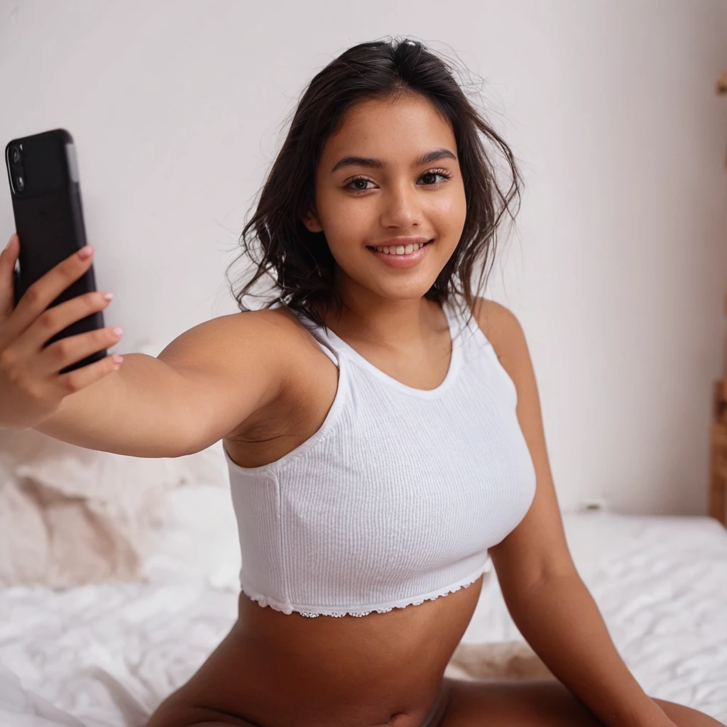 Asha, 1girl, solo, (((Ebony))), (((Dark skin))), (((SFW))), 30 years old, (mature), fully naked, capturing a selfie, taking a selfie shot, smiling, ((wearing a blue blouse))